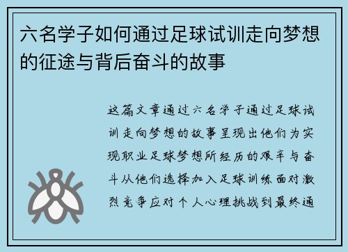 六名学子如何通过足球试训走向梦想的征途与背后奋斗的故事