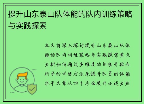 提升山东泰山队体能的队内训练策略与实践探索